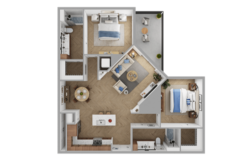 Floor plan for 2 beds, 2 baths, 1137 sqft